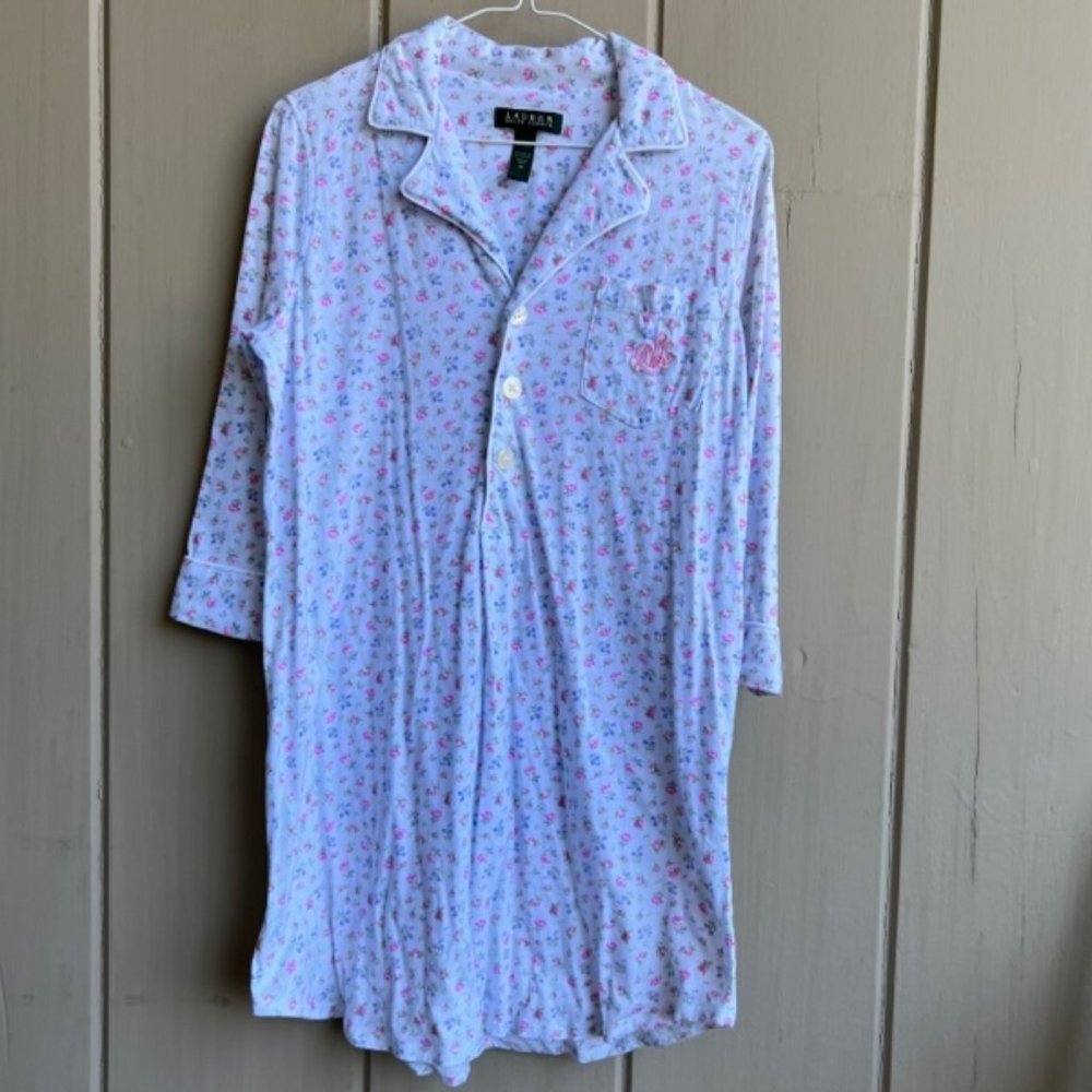 Lauren Ralph Lauren Pale Blue Floral Henley Nightshirt/Nightgown_Size M